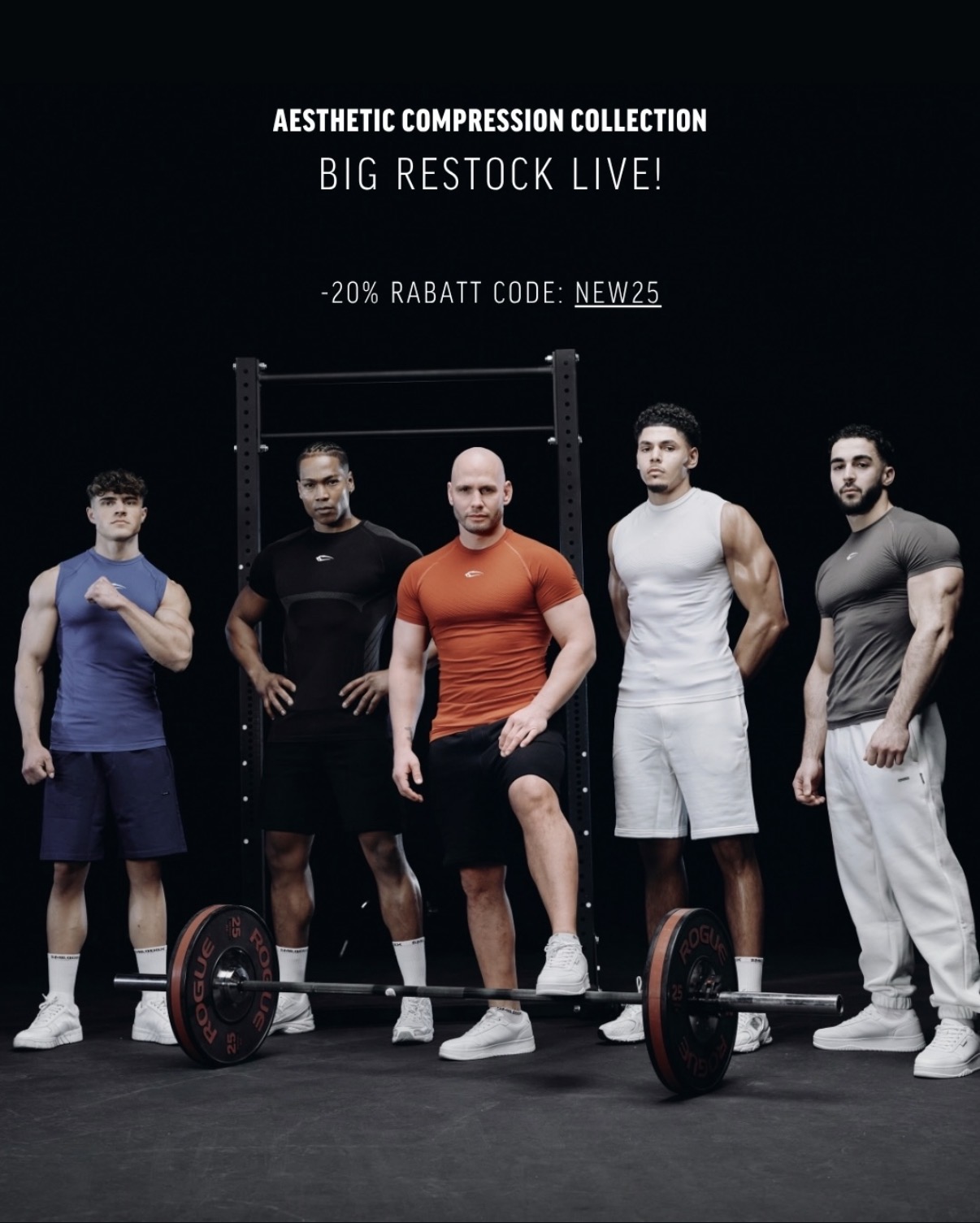 Smilodox Aesthetic Compression Collection, five male models in five colourways flanking a barbell against a black studio backdrop, headline BIG RESTOCK LIVE with a 20% code